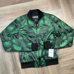 CHRLDR Bomber Jacket Womens Small Black Green Palm Leaf Satin Full Zip Tropical
